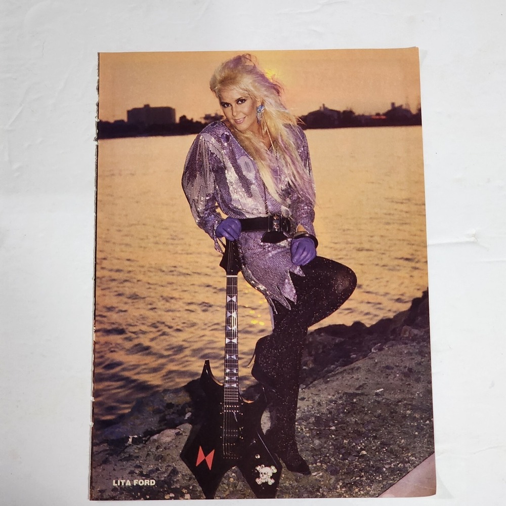Lita Ford lake & skyline background color pinup poster clipping vintage 80s 8x10
